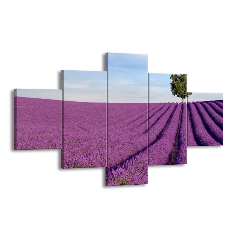 Oswald Empirisch kraai Canvas Schilderij Lavendel, Landelijk | Paars, Blauw, Groen | 125x70cm 5Luik