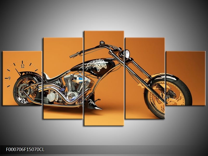 Klok schilderij Motor | Oranje, Bruin, Zwart | 150x70cm 5Luik