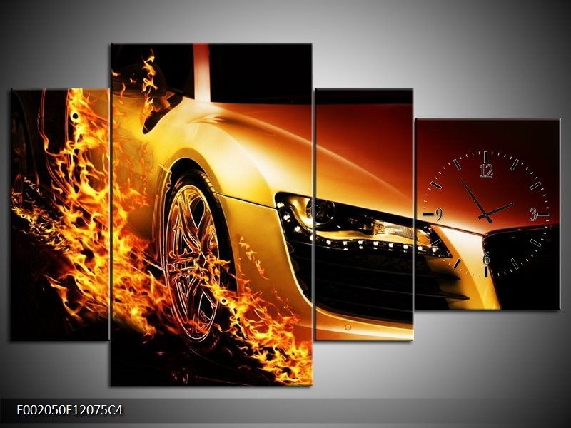 Klok schilderij Auto | Oranje, Goud, Zwart | 120x75cm 4Luik