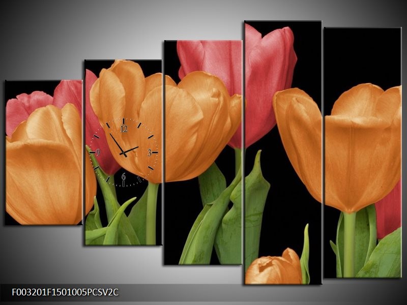 Klok schilderij Tulpen | Oranje, Rood, Groen | 150x100cm 5Luik