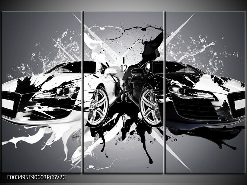 Klok schilderij Audi | Zwart, Wit, Grijs | 90x60cm 3Luik