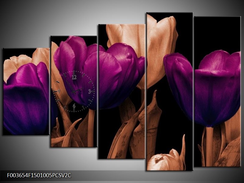 Klok schilderij Tulp | Paars, Bruin, Zwart | 150x100cm 5Luik