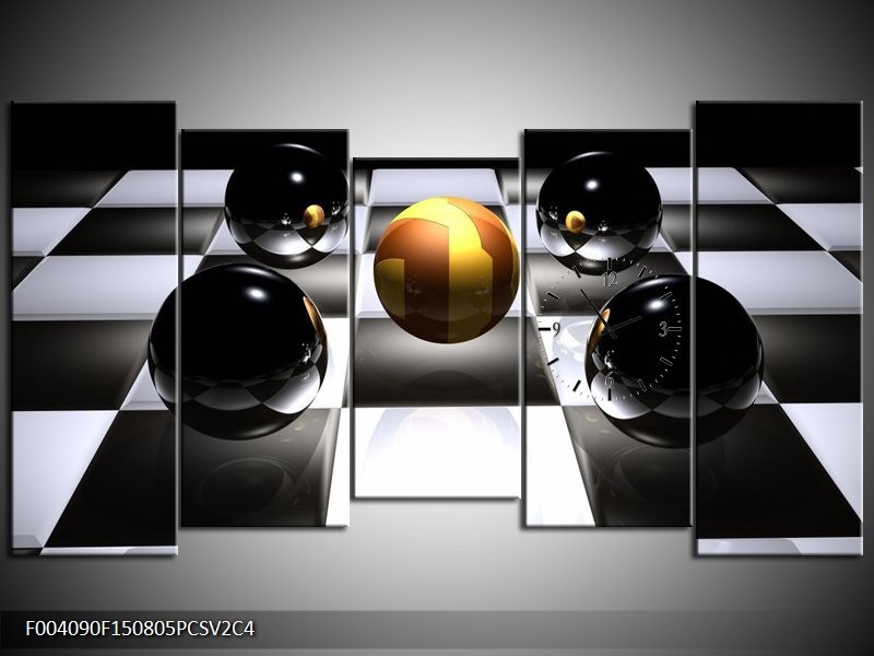 Klok schilderij Ball | Wit, Zwart, Geel | 150x80cm 5Luik