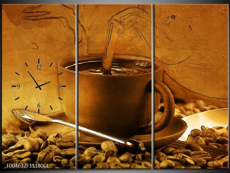 Klok schilderij Koffie | Wit, Bruin, Geel | 111x80cm 3Luik