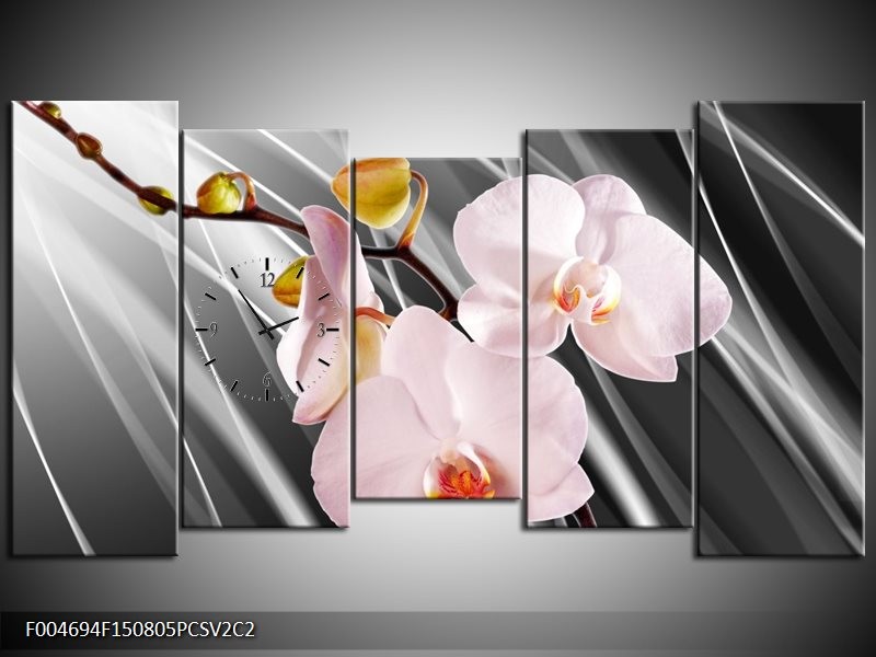 Klok schilderij Orchidee | Grijs, Roze, Wit | 150x80cm 5Luik