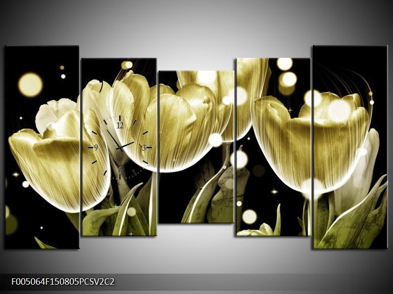 Klok schilderij Tulp | Goud, Zwart | 150x80cm 5Luik