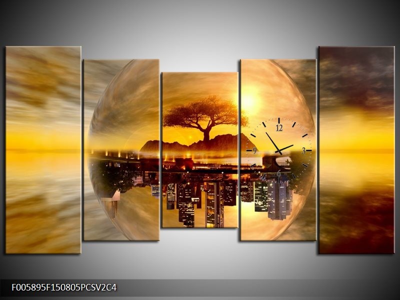 Klok schilderij Wolkenkrabber | Goud, Bruin | 150x80cm 5Luik